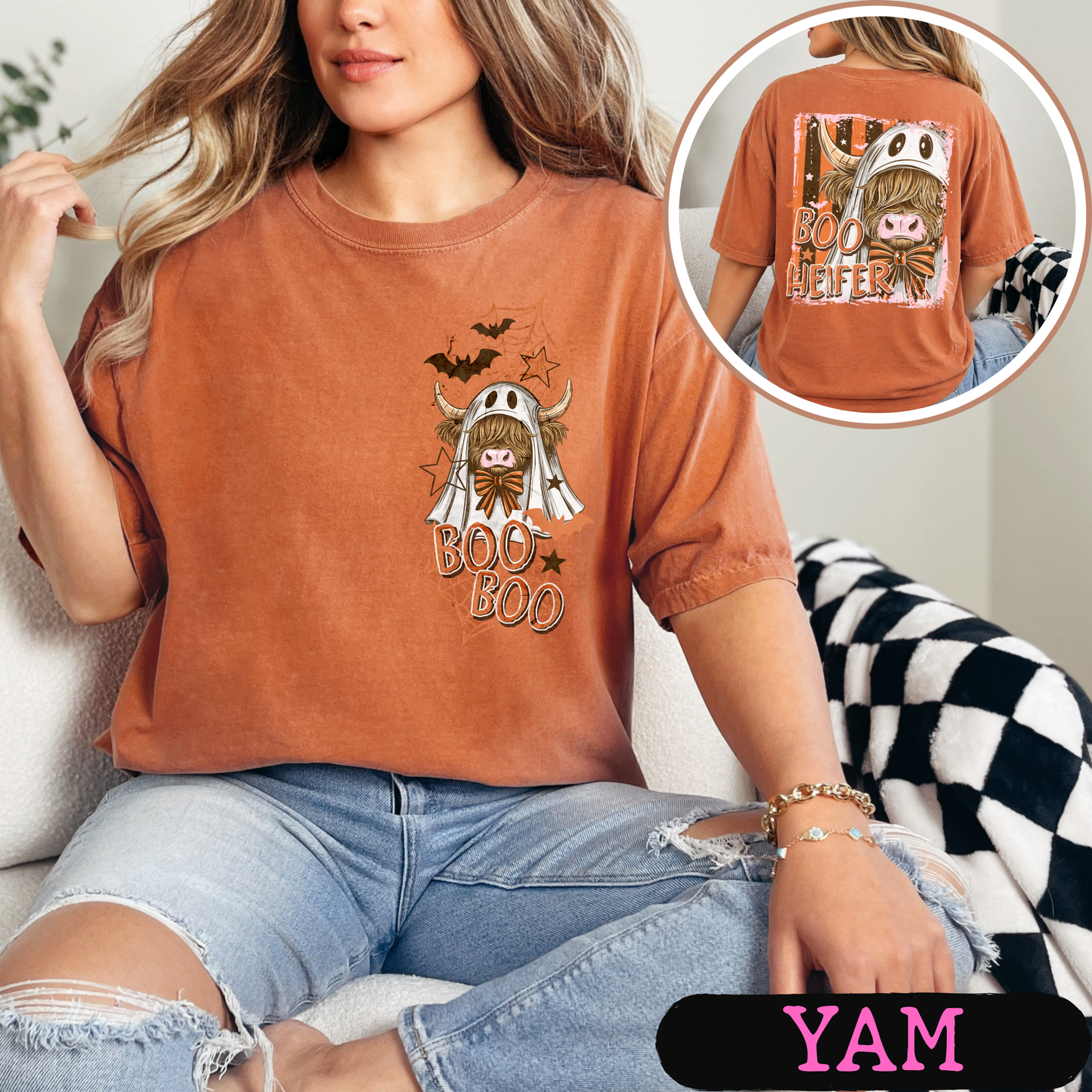 Boo Heifer Highland Cow Halloween Comfort Colors Shirt | Funny Ghost Cow Tee | Cute Spooky Fall Graphic Tee | Front & Back Print