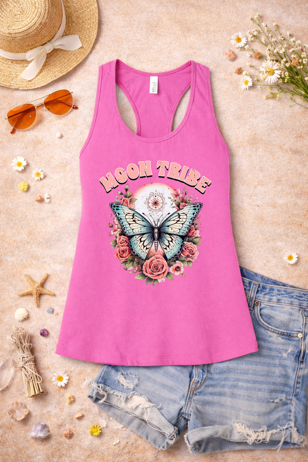 Moon Tribe Tank | Vintage Butterfly & Rose Design | Boho Aesthetic Summer Top