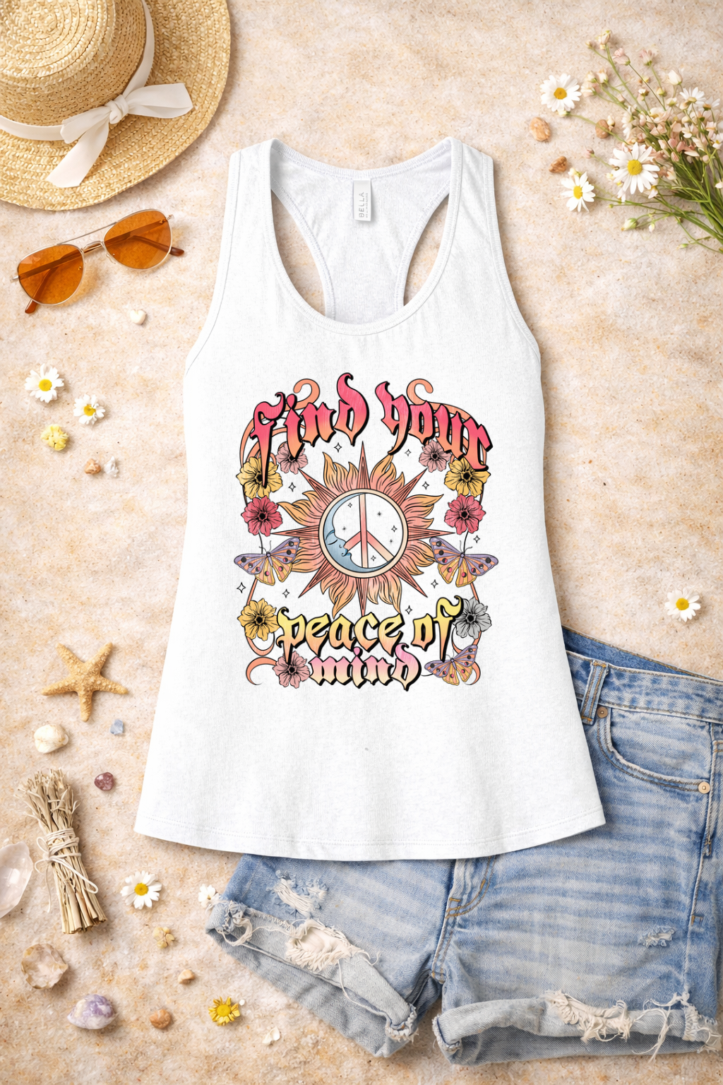 Find Your Peace of Mind Boho Graphic Racerback Tank | Retro Hippie Sun & Floral Tank Top | Summer Spiritual Vibes Shirt
