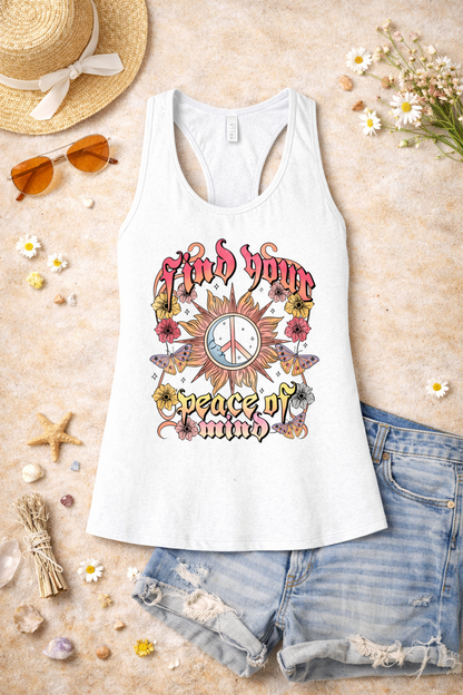 Find Your Peace of Mind Boho Graphic Racerback Tank | Retro Hippie Sun & Floral Tank Top | Summer Spiritual Vibes Shirt