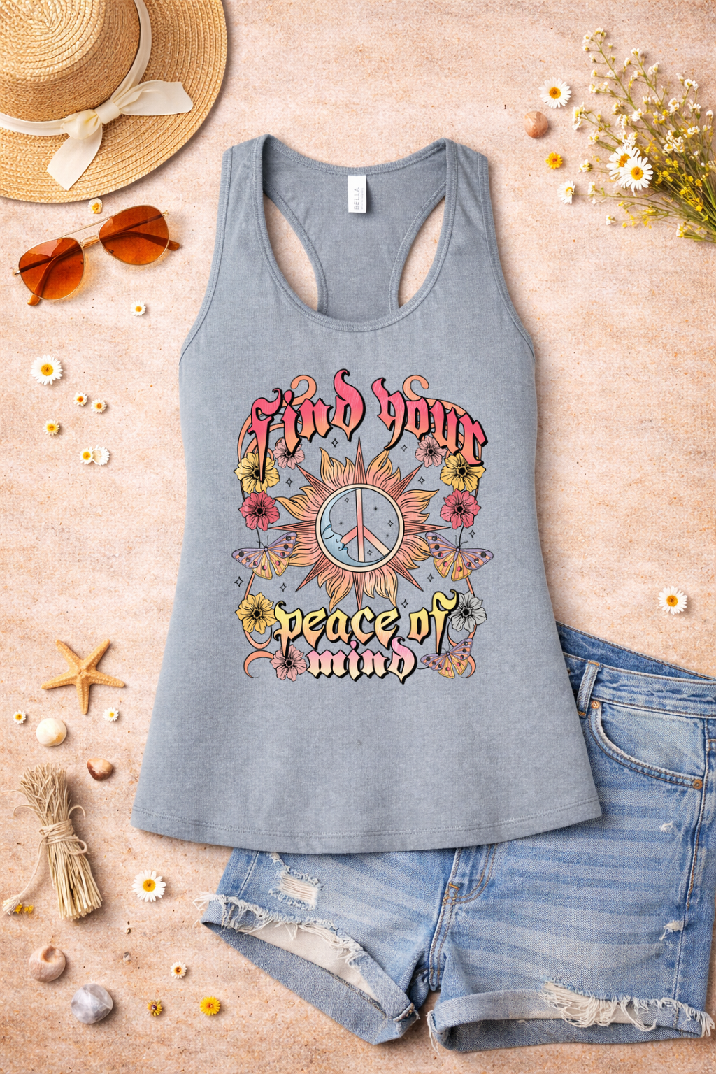 Find Your Peace of Mind Boho Graphic Racerback Tank | Retro Hippie Sun & Floral Tank Top | Summer Spiritual Vibes Shirt