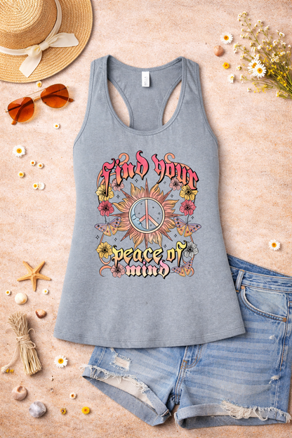 Find Your Peace of Mind Boho Graphic Racerback Tank | Retro Hippie Sun & Floral Tank Top | Summer Spiritual Vibes Shirt