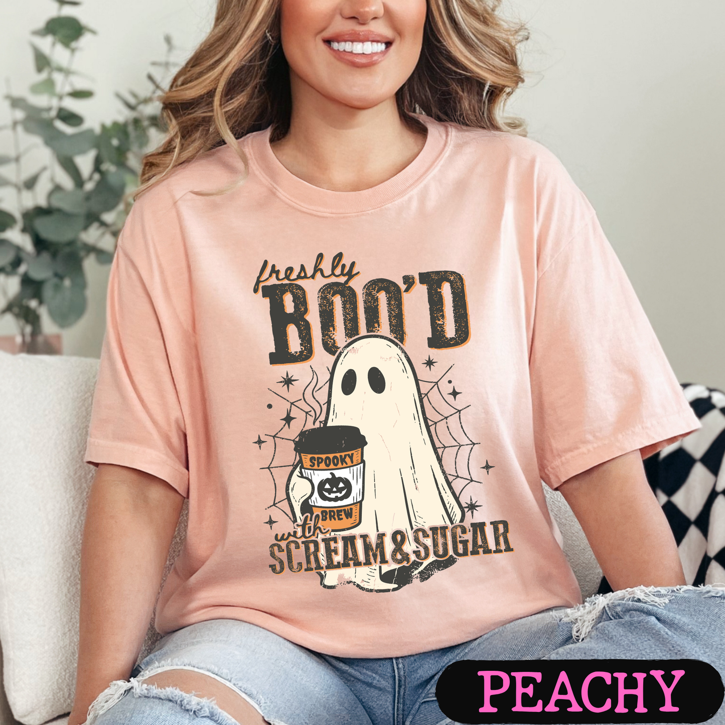 Freshly Boo'd with Scream & Sugar Ghost Halloween Coffee Shirt | Cute Fall Graphic Tee | Comfort Colors Halloween Tee