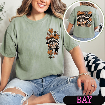 Cozy Fall Raccoon Comfort Colors T-Shirt | Front & Back Autumn Graphic Tee