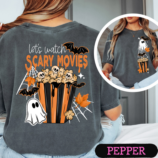 Let’s Watch Scary Movies Halloween Graphic Tee | Ghost & Popcorn Front and Back Shirt