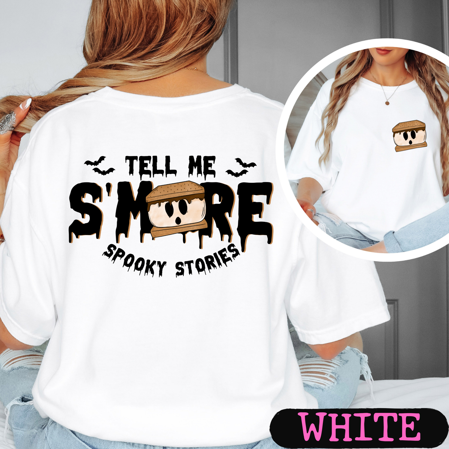 Tell Me S'More Spooky Stories Comfort Colors Halloween Ghost Campfire Shirt | Cute Fall Graphic Tee | Funny Autumn Camping Shirt | Pocket & Back Print