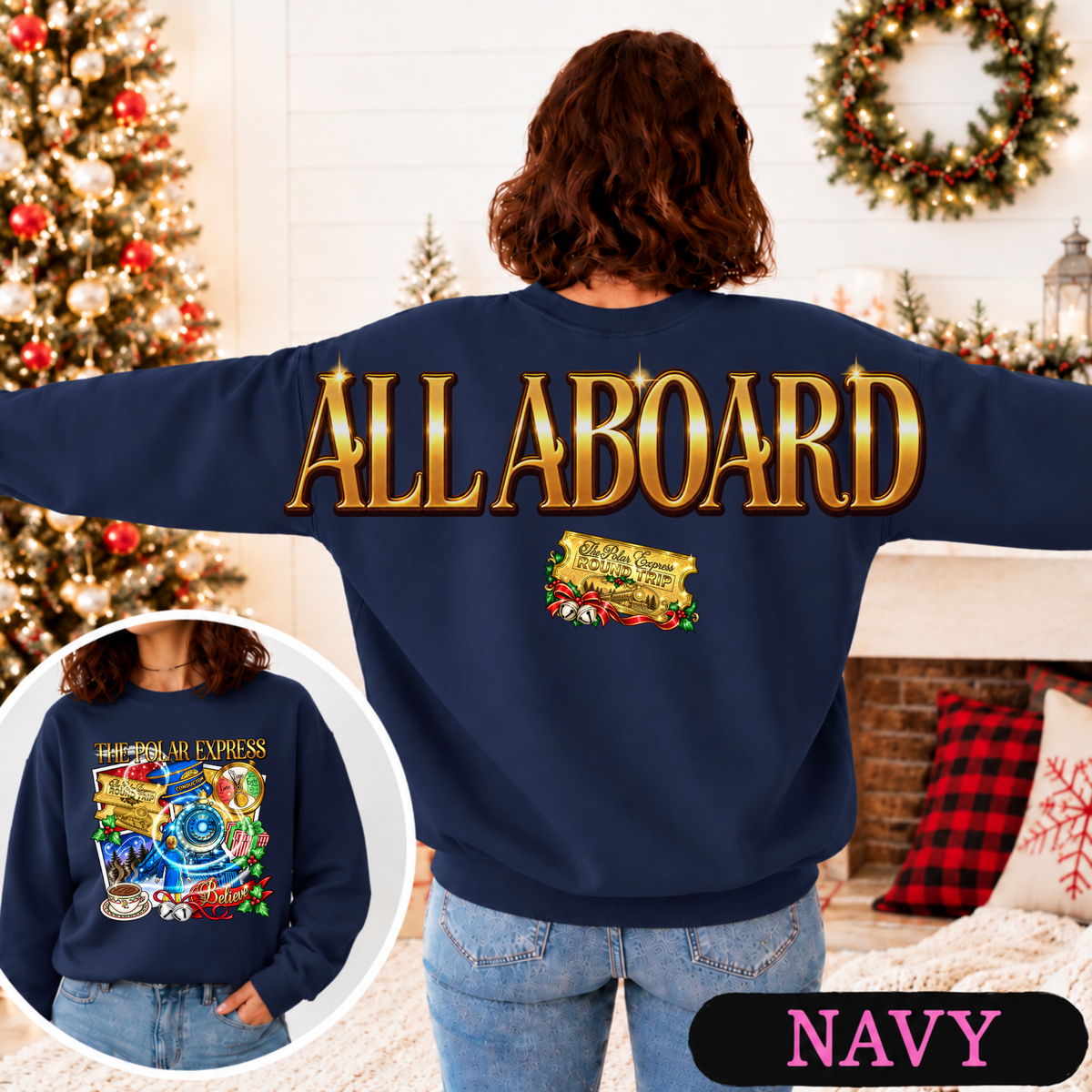 All Aboard Christmas Train Big Back Sweatshirt | Vintage Holiday Graphic