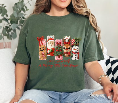 Have Yourself a Merry Little Christmas Tee | Cozy Faux Knit Character Holiday Shirt | Cute Gingerbread, Santa, Reindeer & Snowman