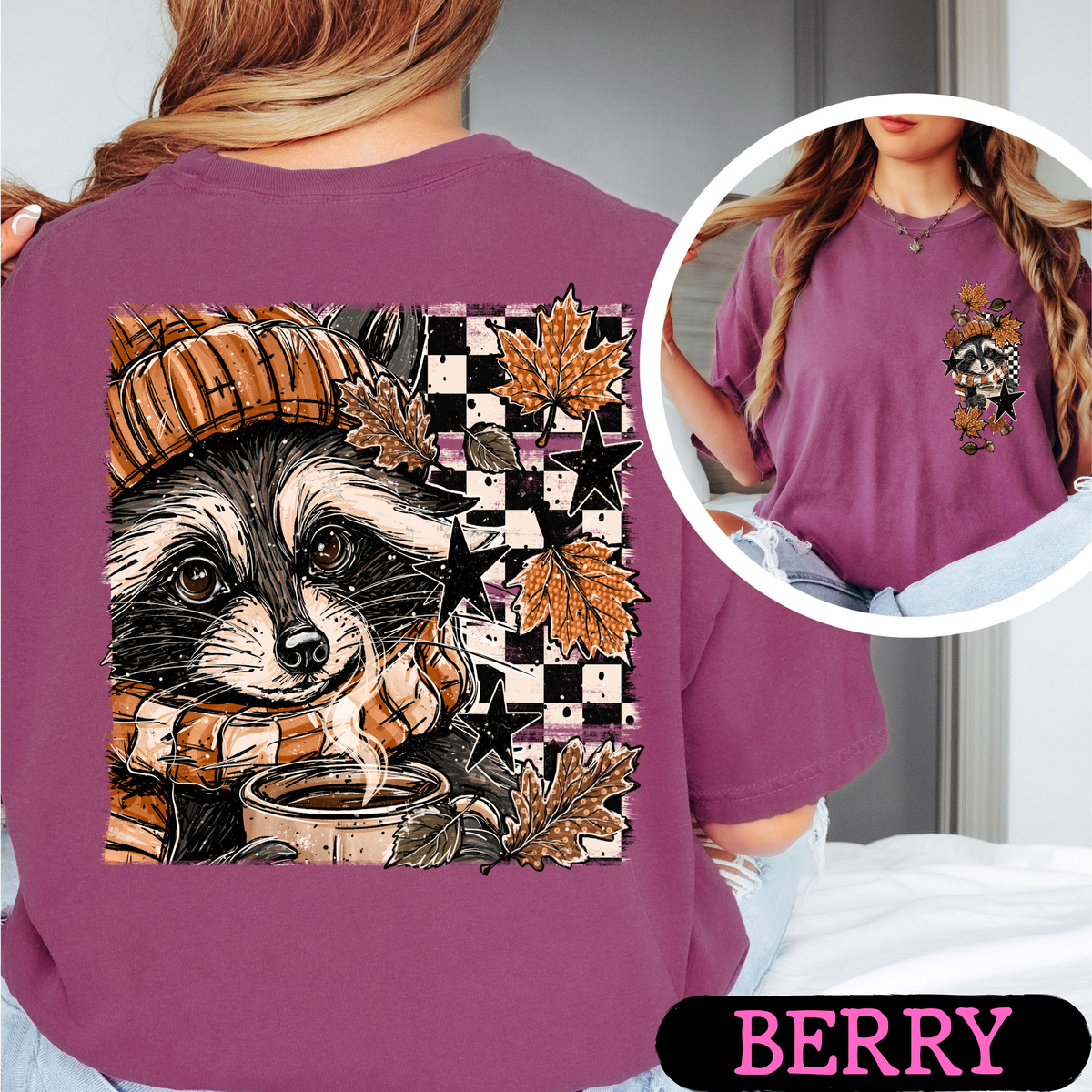 Cozy Fall Raccoon Comfort Colors T-Shirt | Front & Back Autumn Graphic Tee