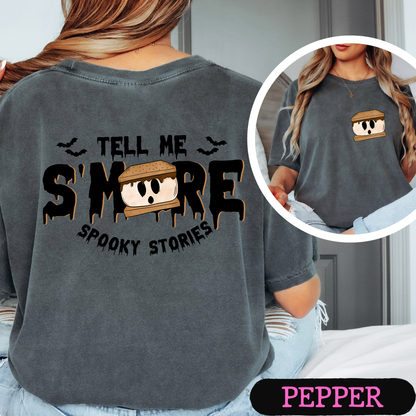 Tell Me S'More Spooky Stories Comfort Colors Halloween Ghost Campfire Shirt | Cute Fall Graphic Tee | Funny Autumn Camping Shirt | Pocket & Back Print