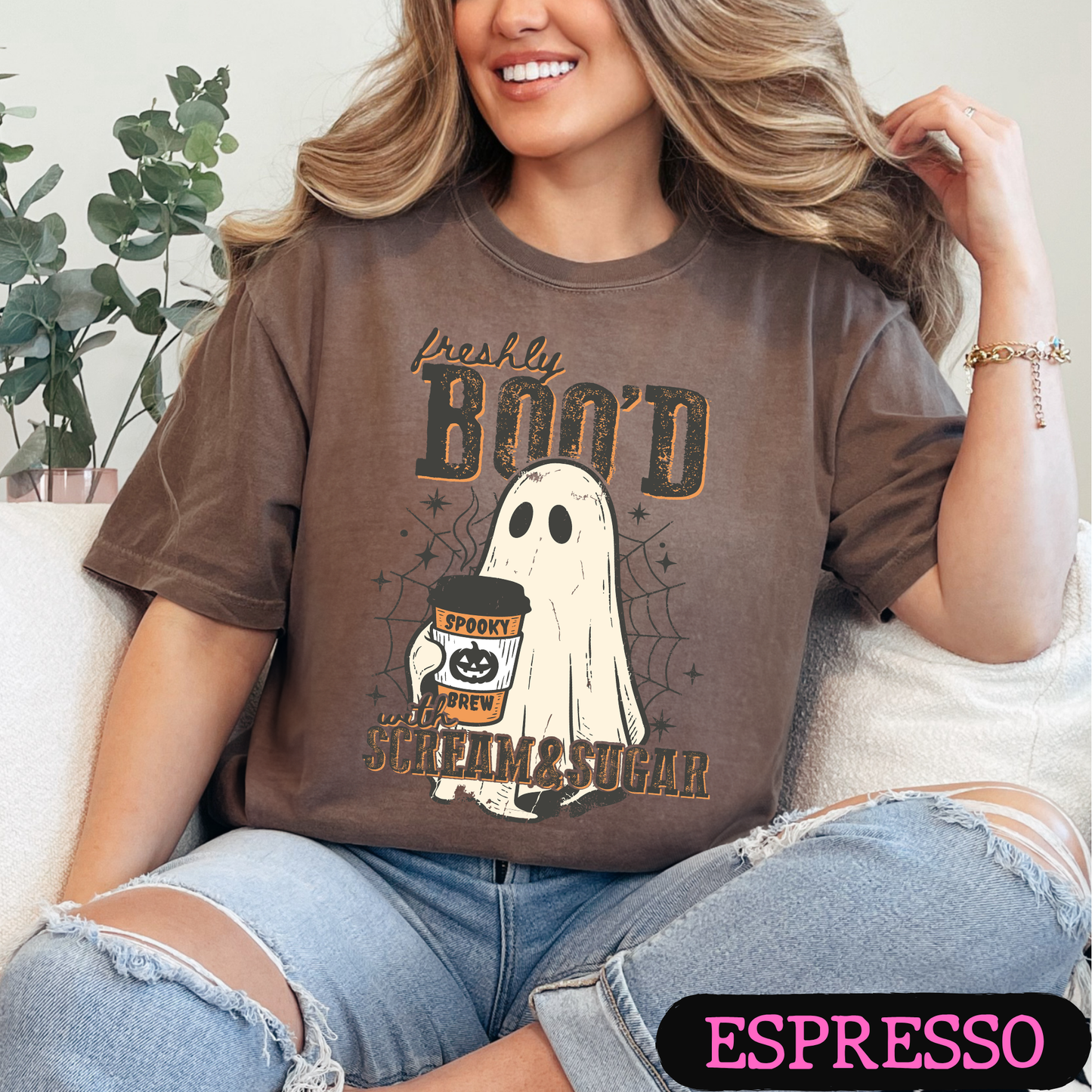 Freshly Boo'd with Scream & Sugar Ghost Halloween Coffee Shirt | Cute Fall Graphic Tee | Comfort Colors Halloween Tee