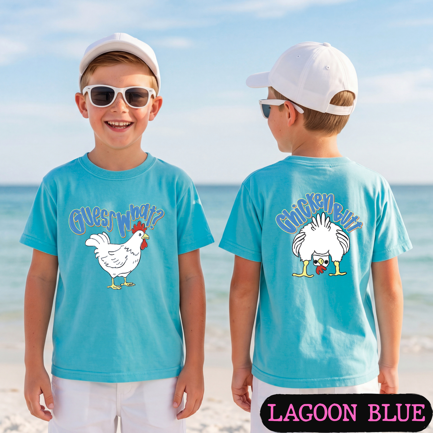 Guess What Chicken Butt Shirt | Funny Blue Chicken Graphic Tee | Comfort Colors Front & Back Tee