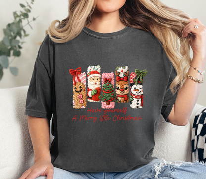 Have Yourself a Merry Little Christmas Tee | Cozy Faux Knit Character Holiday Shirt | Cute Gingerbread, Santa, Reindeer & Snowman
