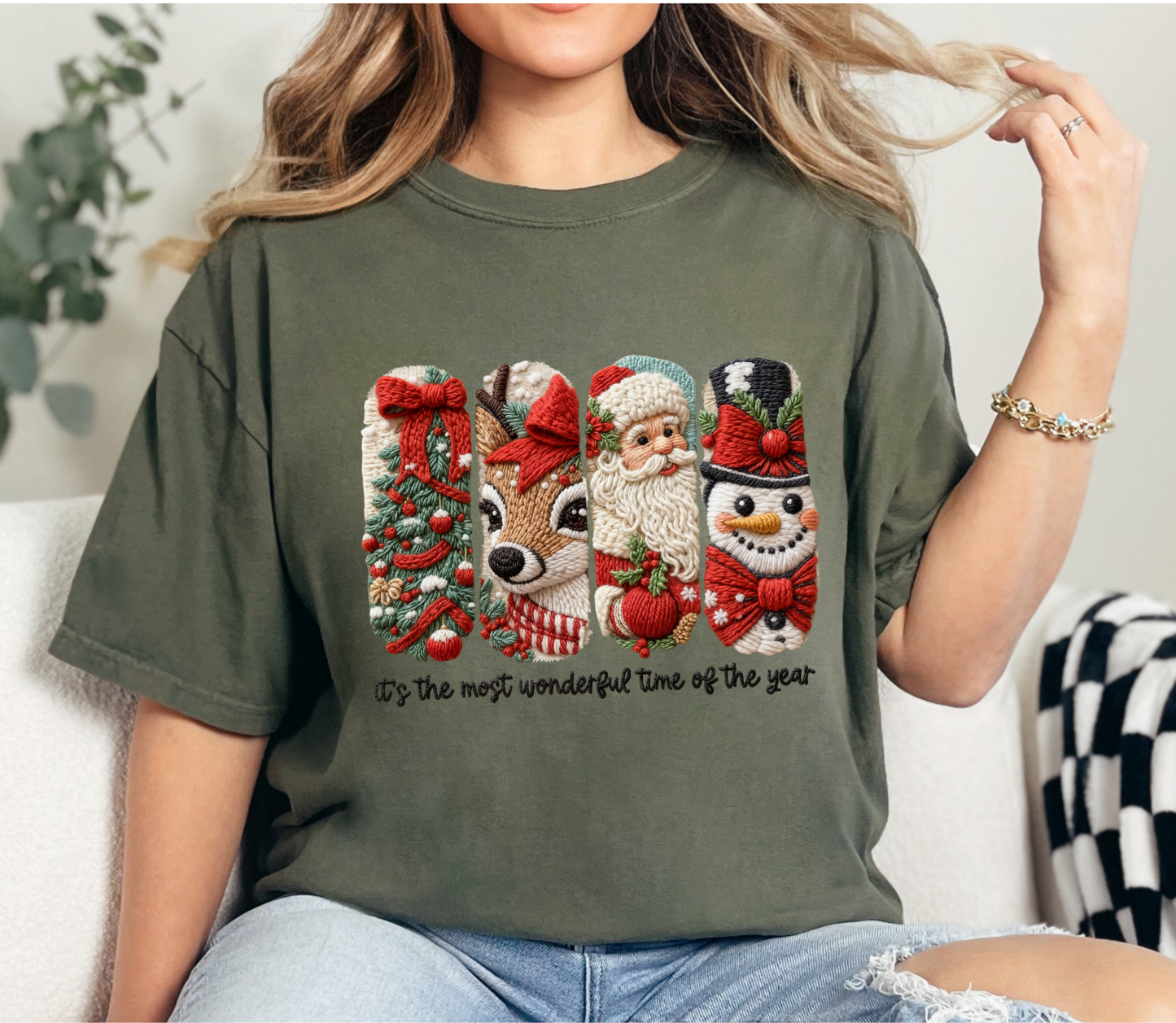 Christmas Embroidered Characters Tee “Most Wonderful Time of the Year” | Faux Yarn Merry Christmas Tshirt | Yarn Christmas Tree Tshirt | Realistic Yarn Tshirt