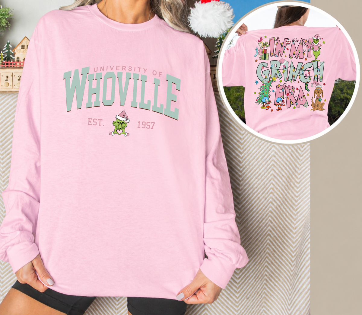 Whoville University Long Sleeve | Pink In My Grinch Era | Christmas Shirt
