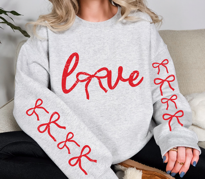 LOVE Bow Sweatshirt | Valentine Aesthetic Pullover with Bow Sleeve Detail