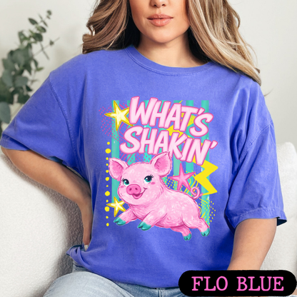 What's Shakin' Bacon Pig Graphic T-Shirt | Funny Farm Animal Shirt | Cute Retro Country Tee