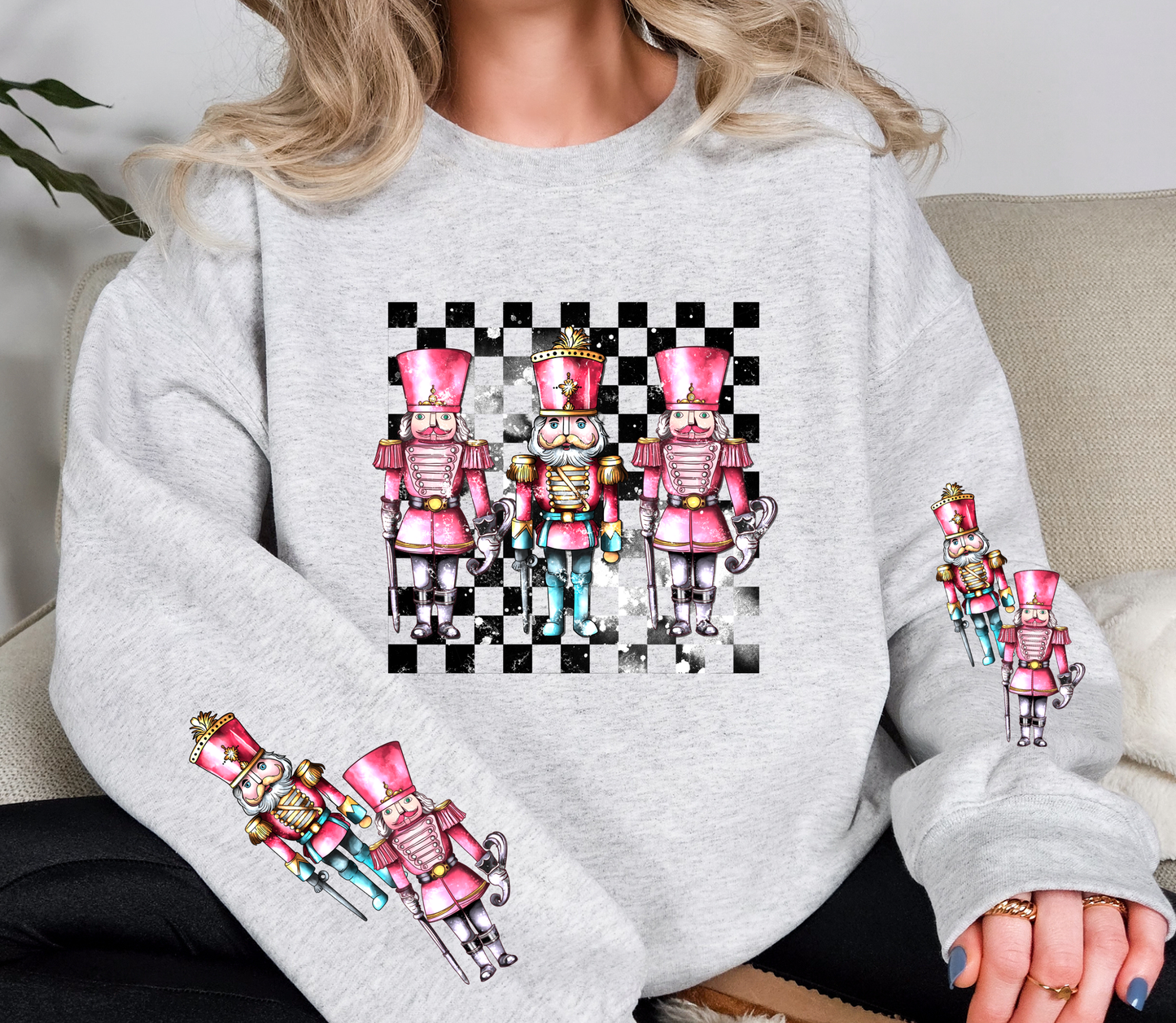 Pink Nutcracker Christmas Sweatshirt | Checkerboard Retro Nutcracker Crewneck | Holiday Sleeve Print Sweater