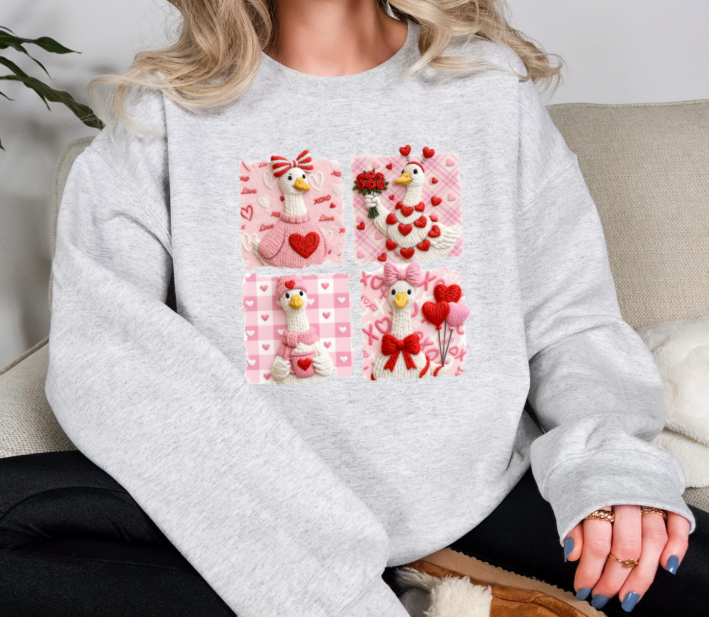 Valentine Goose Sweatshirt | Cute Pink Love Goose Patchwork Crewneck | Cozy Valentine Graphic Shirt | Galentine Gift