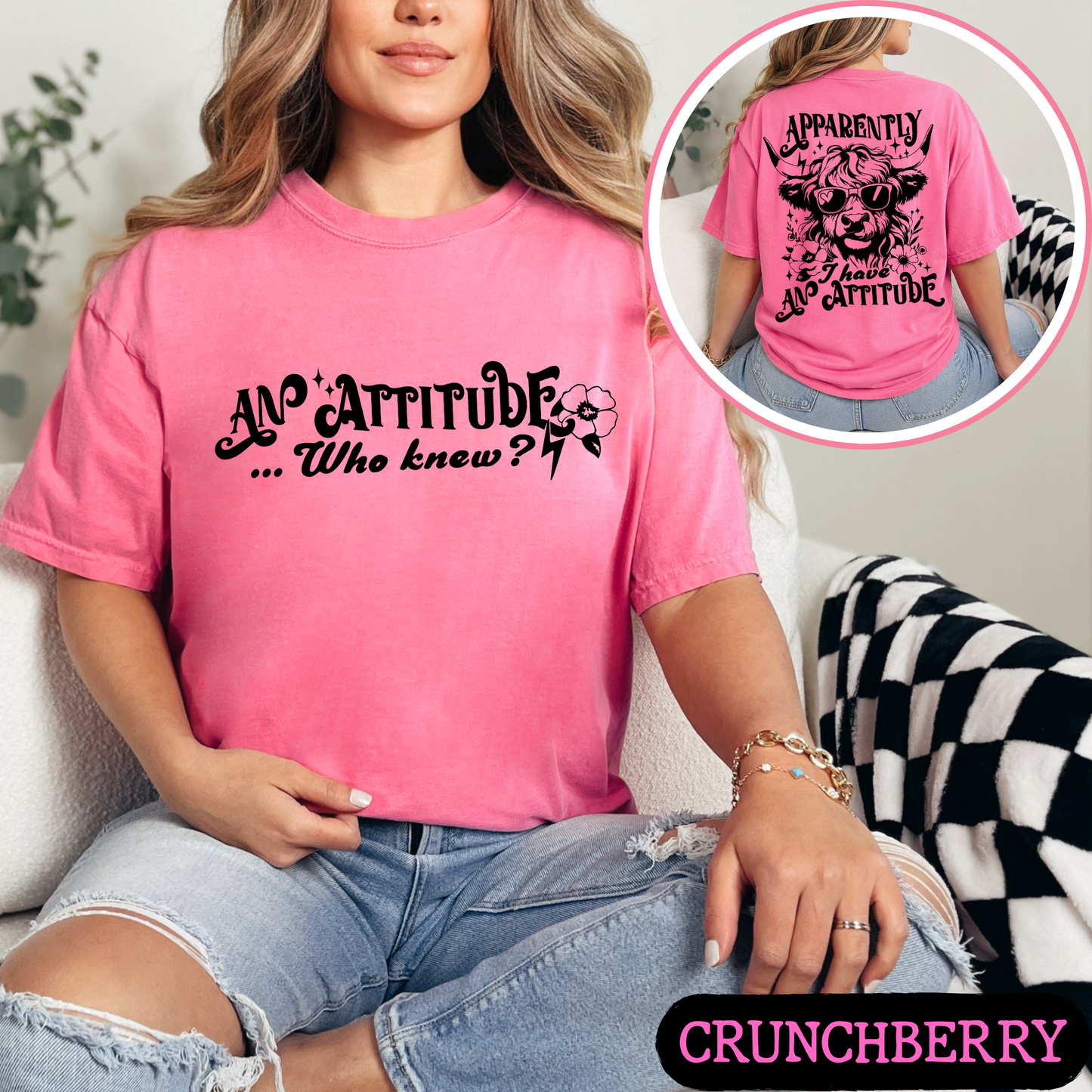 Apparently I Have An Attitude Highland Cow Comfort Colors Graphic T-Shirt | Funny Cow Tee | Front & Back Print