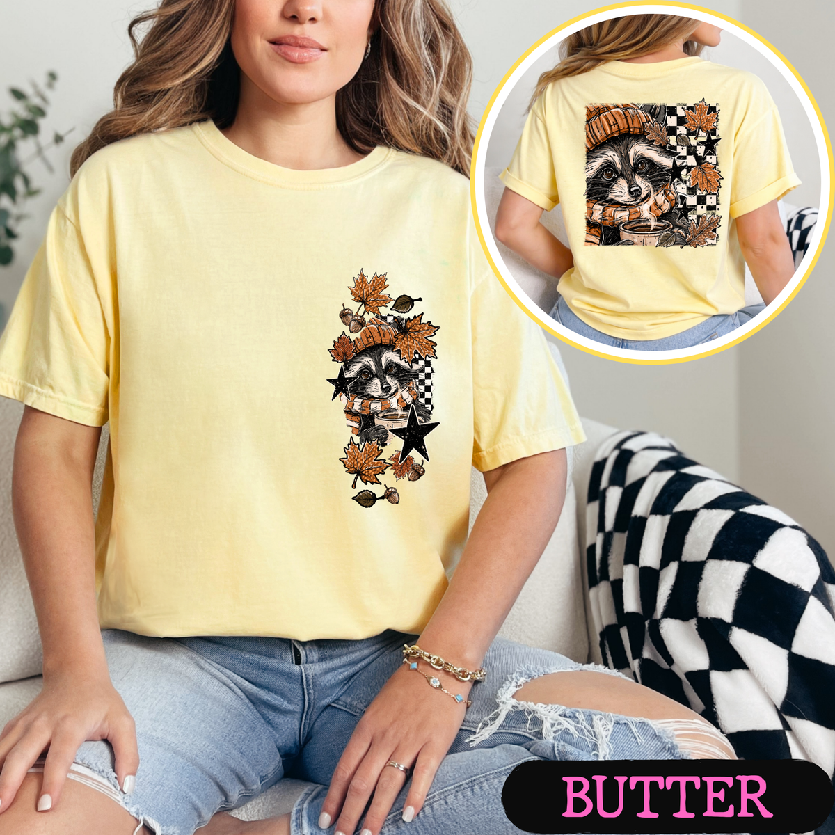 Cozy Fall Raccoon Comfort Colors T-Shirt | Front & Back Autumn Graphic Tee