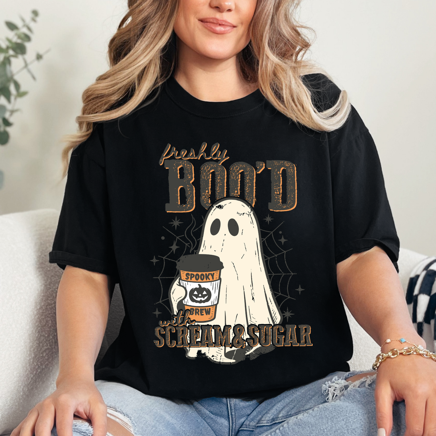 Freshly Boo'd with Scream & Sugar Ghost Halloween Coffee Shirt | Cute Fall Graphic Tee | Comfort Colors Halloween Tee