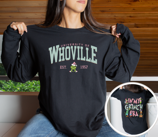 Whoville University Long Sleeve | Pink In My Grinch Era | Christmas Shirt