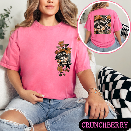 Cozy Fall Raccoon Comfort Colors T-Shirt | Front & Back Autumn Graphic Tee