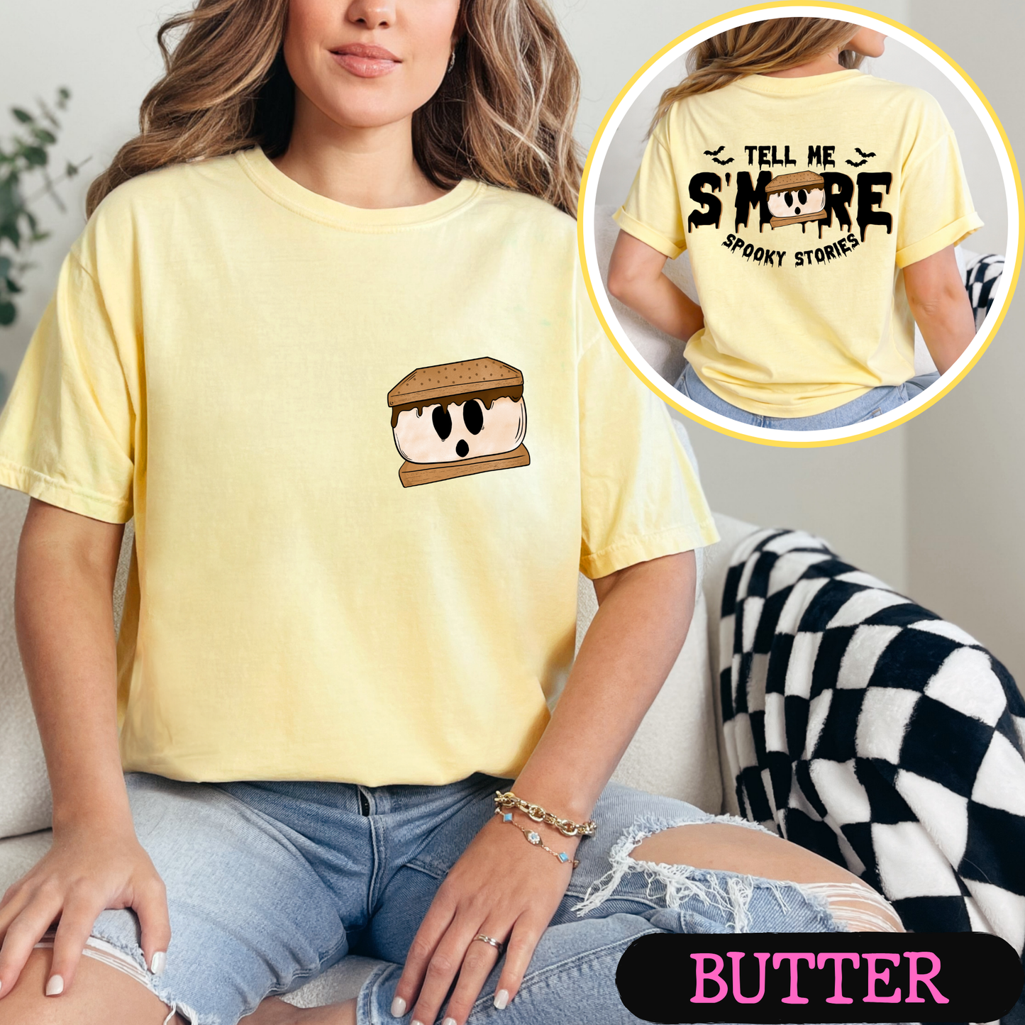 Tell Me S'More Spooky Stories Comfort Colors Halloween Ghost Campfire Shirt | Cute Fall Graphic Tee | Funny Autumn Camping Shirt | Pocket & Back Print