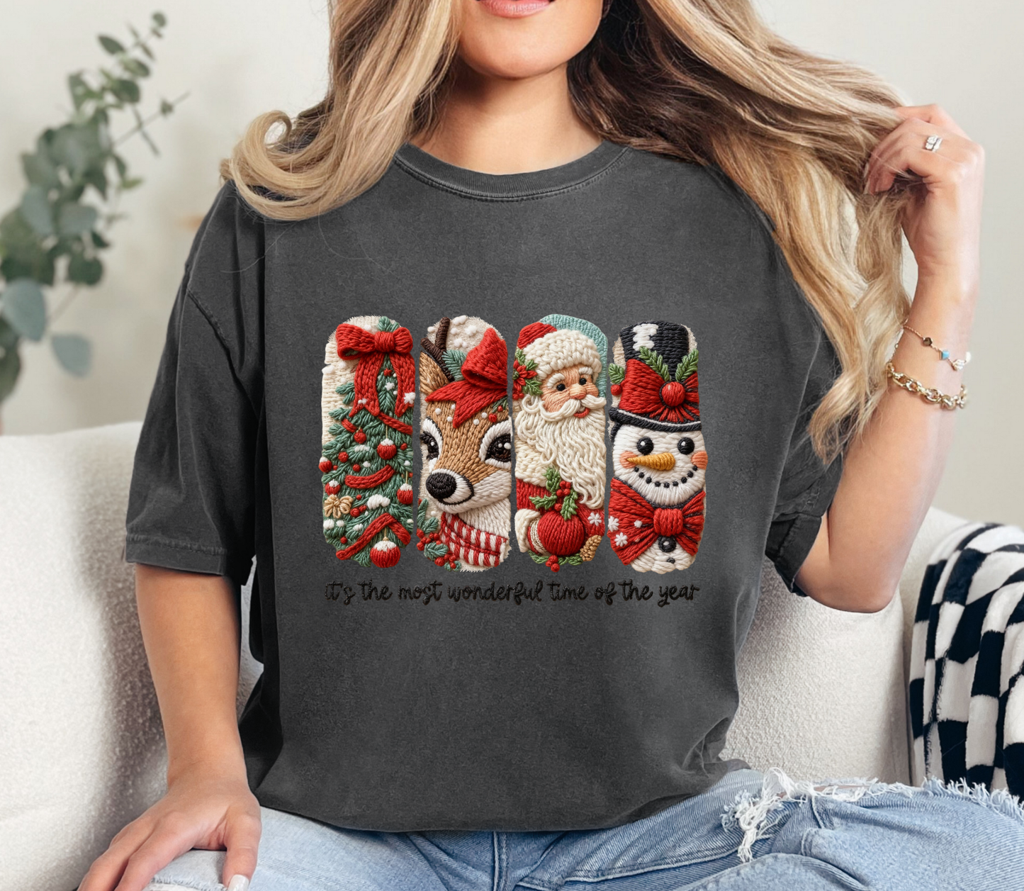 Christmas Embroidered Characters Tee “Most Wonderful Time of the Year” | Faux Yarn Merry Christmas Tshirt | Yarn Christmas Tree Tshirt | Realistic Yarn Tshirt