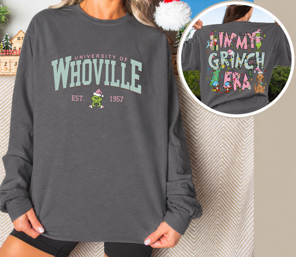 Whoville University Long Sleeve | Pink In My Grinch Era | Christmas Shirt