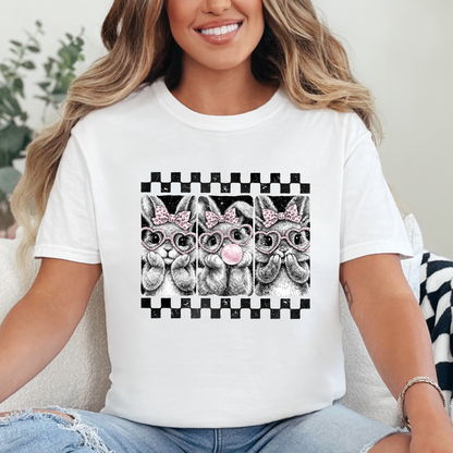 Cute Bunny Easter Shirt – Pink Bow Bunny Graphic Tee | Bubble Gum Bunny Shirt | Spring Easter T-Shirt for Women | Cute Rabbit Shirt