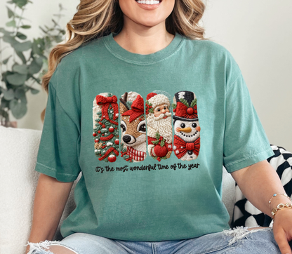 Christmas Embroidered Characters Tee “Most Wonderful Time of the Year” | Faux Yarn Merry Christmas Tshirt | Yarn Christmas Tree Tshirt | Realistic Yarn Tshirt