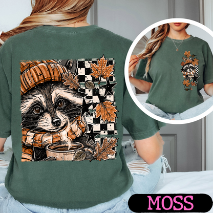 Cozy Fall Raccoon Comfort Colors T-Shirt | Front & Back Autumn Graphic Tee