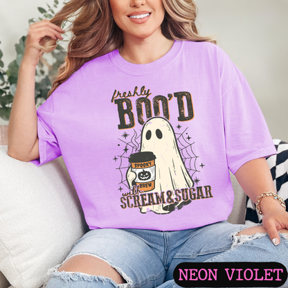 Freshly Boo'd with Scream & Sugar Ghost Halloween Coffee Shirt | Cute Fall Graphic Tee | Comfort Colors Halloween Tee