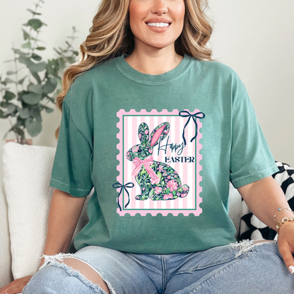 Floral Bunny Happy Easter Graphic Tee – Vintage Stamp Style Spring Shirt | Cute Easter Bunny Shirt Women