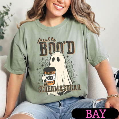 Freshly Boo'd with Scream & Sugar Ghost Halloween Coffee Shirt | Cute Fall Graphic Tee | Comfort Colors Halloween Tee