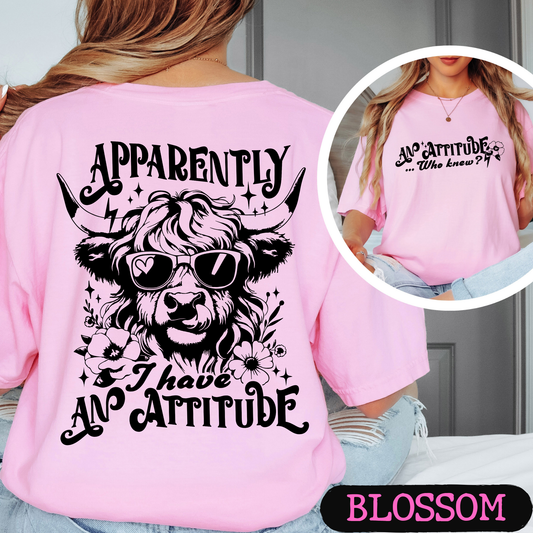 Apparently I Have An Attitude Highland Cow Comfort Colors Graphic T-Shirt | Funny Cow Tee | Front & Back Print