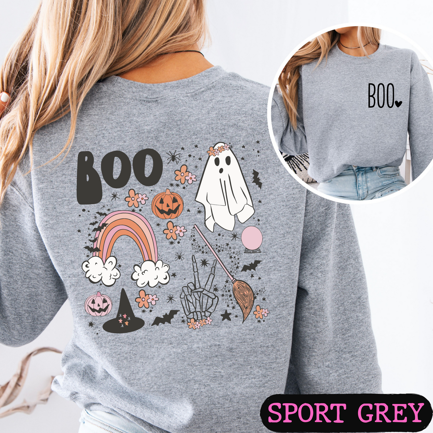 BOO Ghost Halloween Sweatshirt | Cute Spooky Season Crewneck | Fall Pumpkin Rainbow Ghost Sweatshirt | Unisex Halloween Pullover