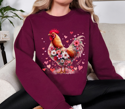 Floral Rooster Sweatshirt | Cottagecore Chicken Valentine Crewneck