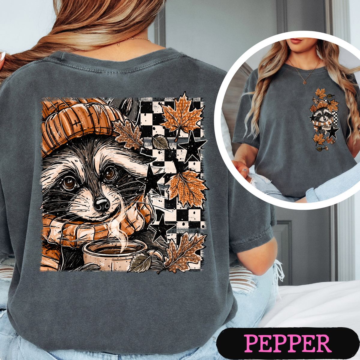 Cozy Fall Raccoon Comfort Colors T-Shirt | Front & Back Autumn Graphic Tee