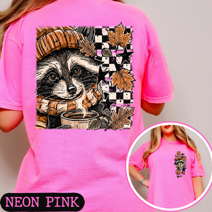 Cozy Fall Raccoon Comfort Colors T-Shirt | Front & Back Autumn Graphic Tee