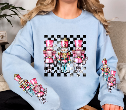 Pink Nutcracker Christmas Sweatshirt | Checkerboard Retro Nutcracker Crewneck | Holiday Sleeve Print Sweater