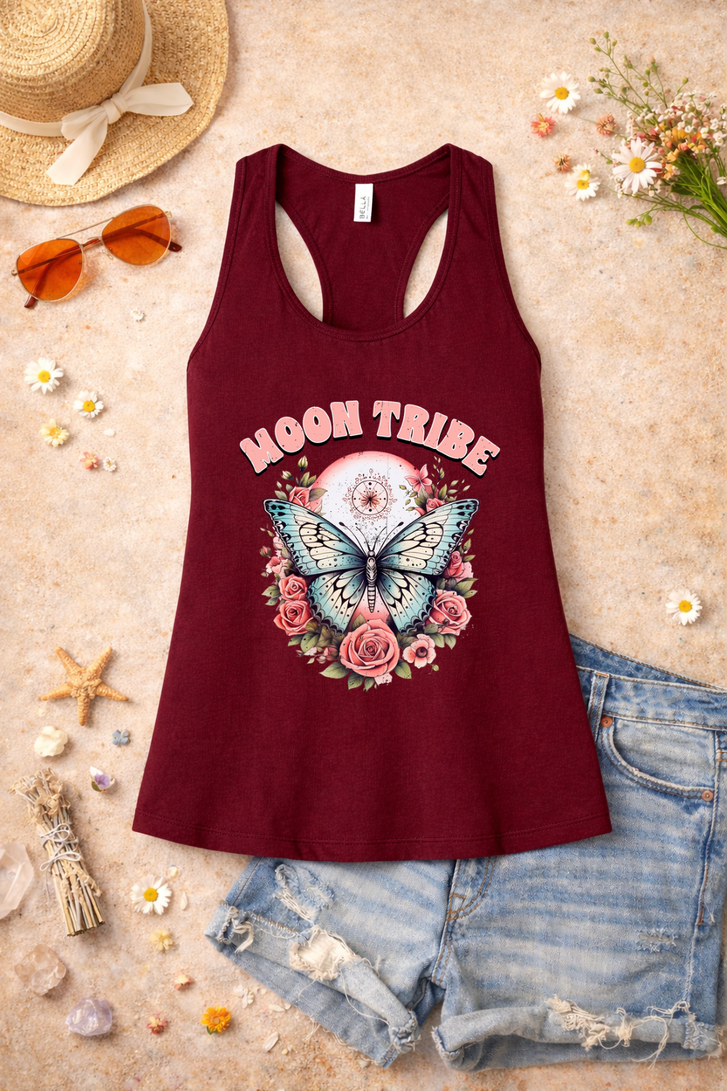 Moon Tribe Tank | Vintage Butterfly & Rose Design | Boho Aesthetic Summer Top