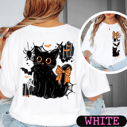 Spooky Black Cat Halloween Comfort Colors Tee | Front & Back Graphic Shirt