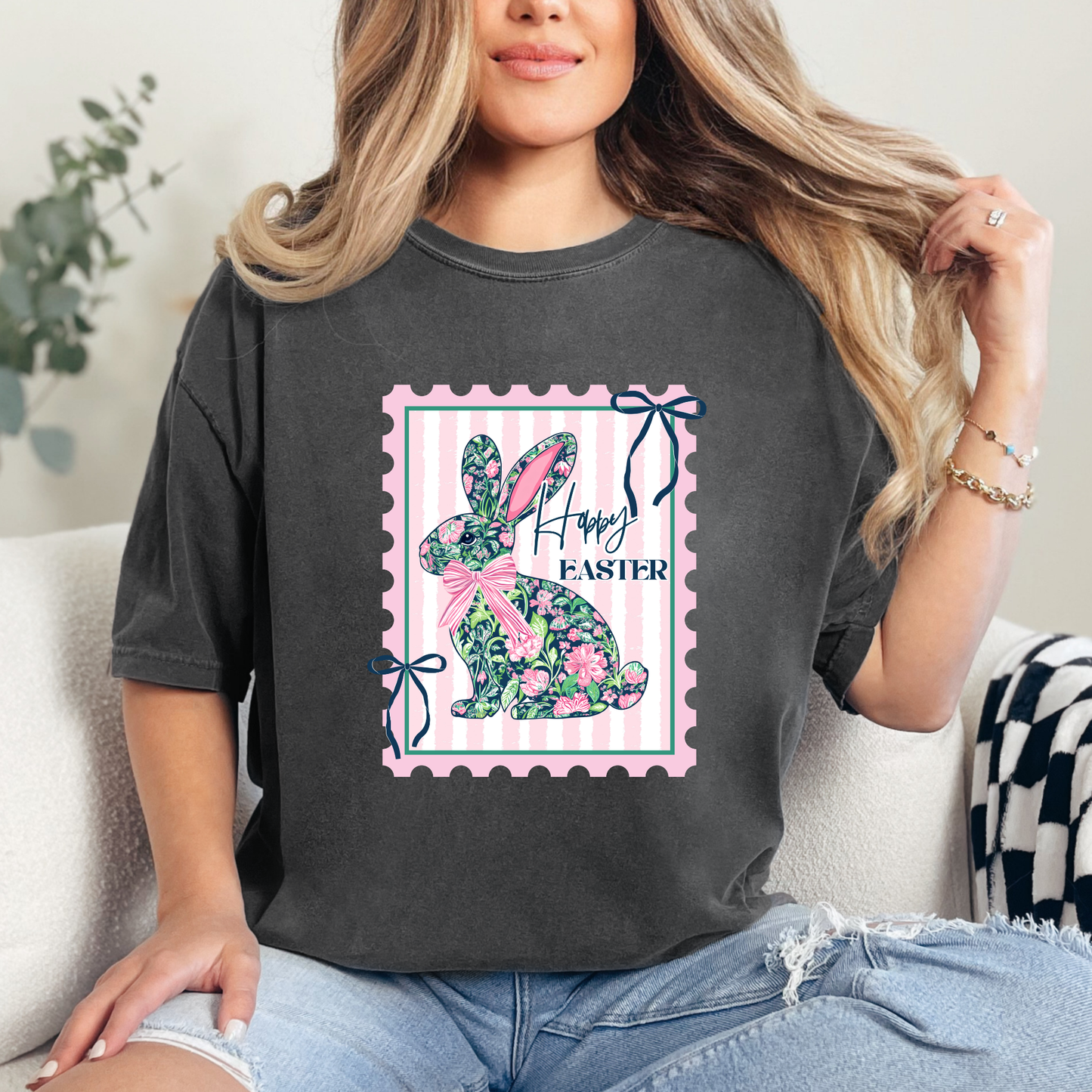 Floral Bunny Happy Easter Graphic Tee – Vintage Stamp Style Spring Shirt | Cute Easter Bunny Shirt Women