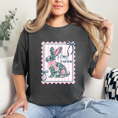 Floral Bunny Happy Easter Graphic Tee – Vintage Stamp Style Spring Shirt | Cute Easter Bunny Shirt Women