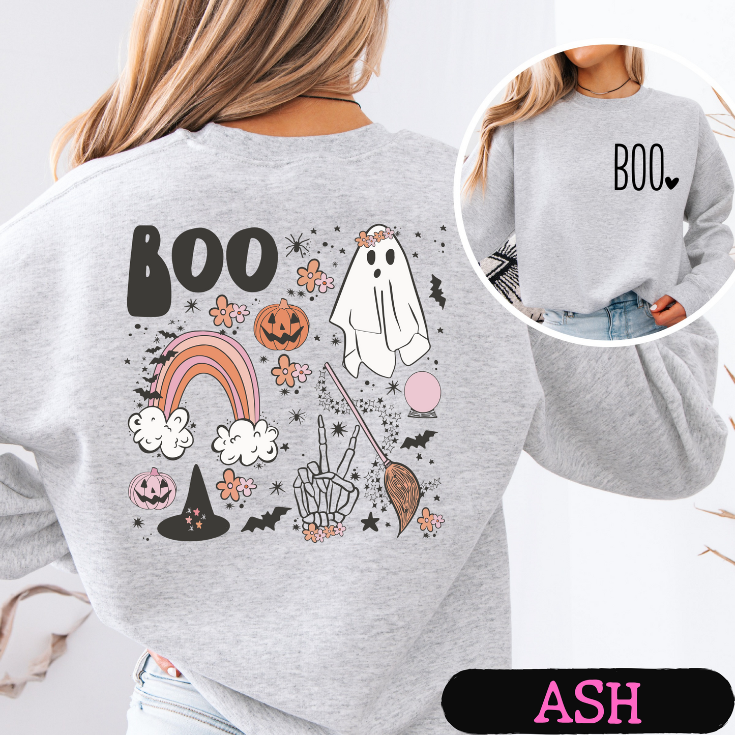 BOO Ghost Halloween Sweatshirt | Cute Spooky Season Crewneck | Fall Pumpkin Rainbow Ghost Sweatshirt | Unisex Halloween Pullover