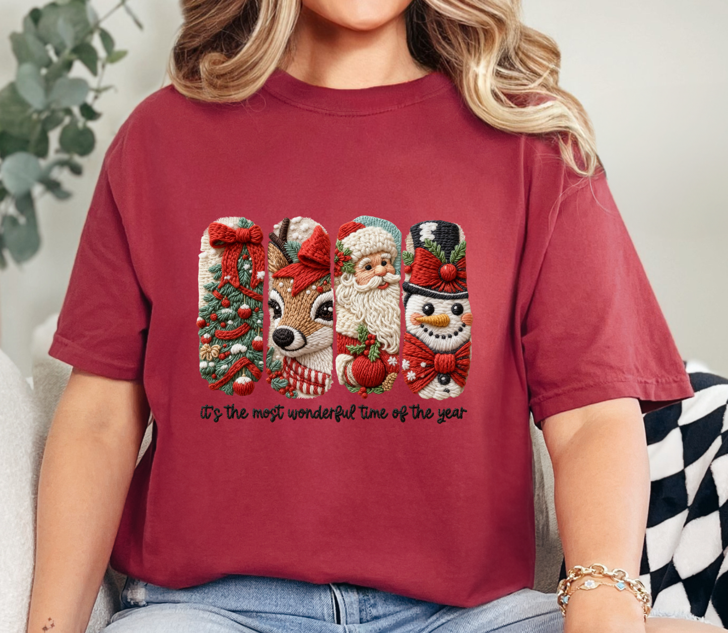 Christmas Embroidered Characters Tee “Most Wonderful Time of the Year” | Faux Yarn Merry Christmas Tshirt | Yarn Christmas Tree Tshirt | Realistic Yarn Tshirt