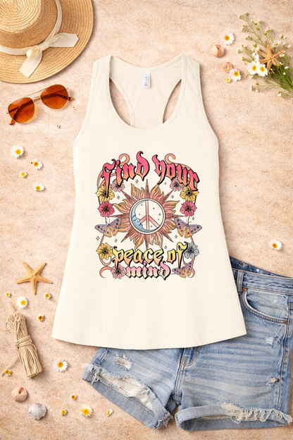 Find Your Peace of Mind Boho Graphic Racerback Tank | Retro Hippie Sun & Floral Tank Top | Summer Spiritual Vibes Shirt